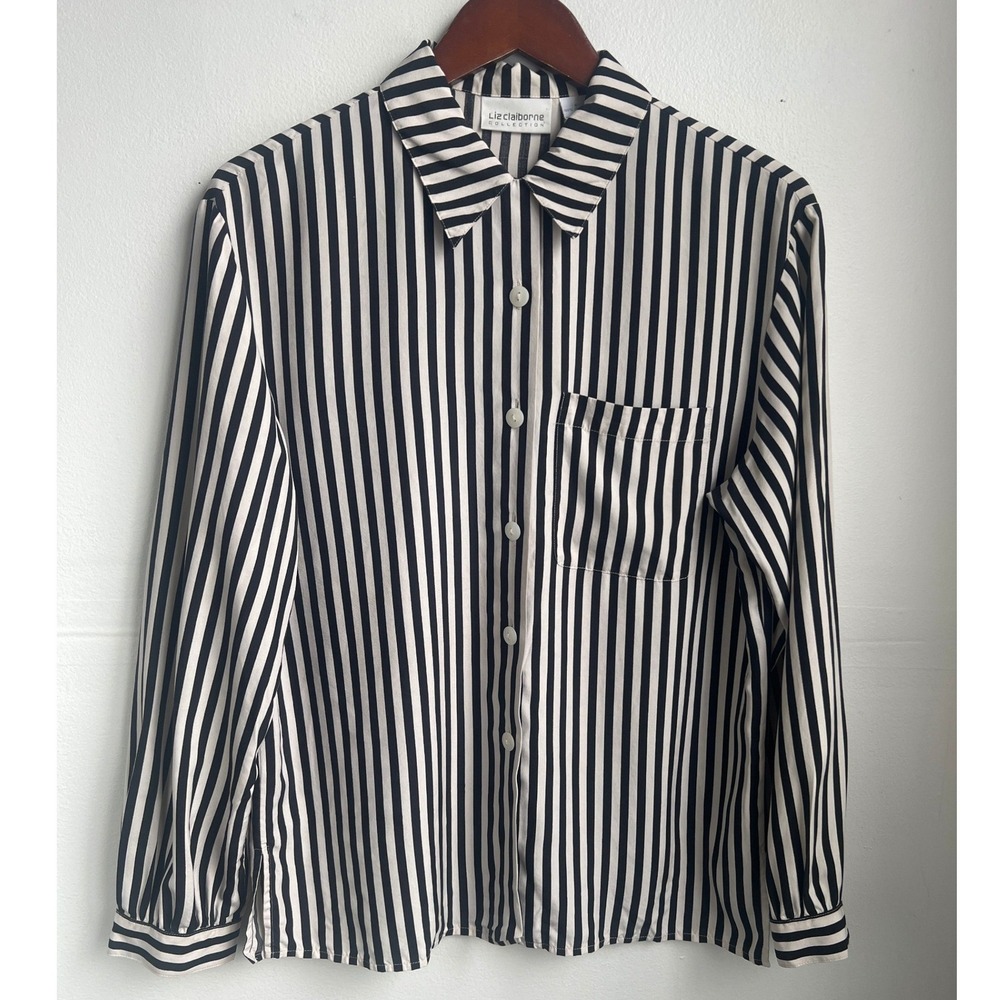 Liz Claiborne Collection 100% Silk Striped Blouse Womens 6 Black Cream Vintage